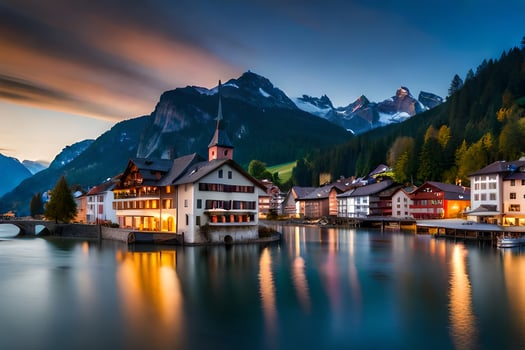 photo wallpaper the sky, mountains, water, lake, switzerland, the city, the town. AI-Generated
