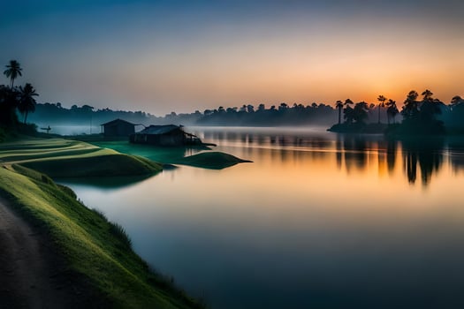 sunrise over the water in a small village. AI-Generated photo