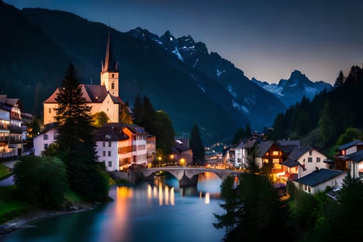 photo wallpaper the sky, mountains, river, town, church, bridge, church, church,. AI-Generated