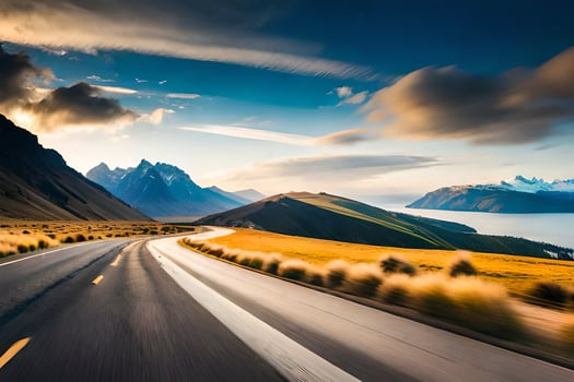 a road in the mountains with mountains in the background. AI-Generated photo