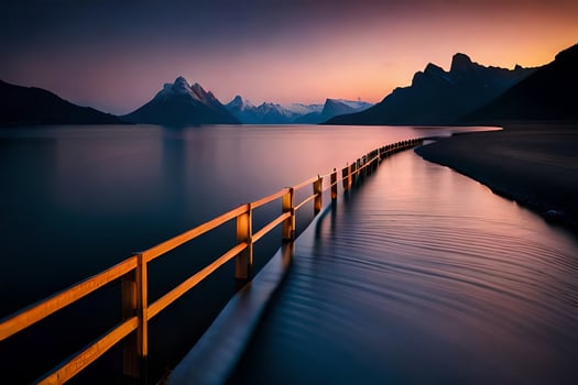 a wooden bridge over a body of water at sunset. AI-Generated photo