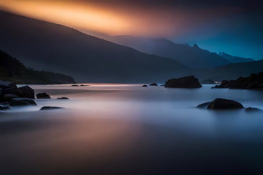 a long exposure photograph of a mountain range and water at dusk. AI-Generated photo