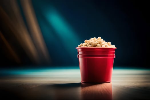 a red bucket of popcorn on a table. AI-Generated photo