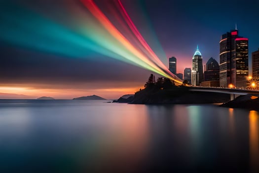 a rainbow light beam is shining over a city skyline. AI-Generated photo