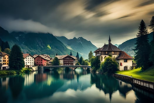 photo wallpaper the sky, mountains, river, house, lake, switzerland, switzerland,. AI-Generated