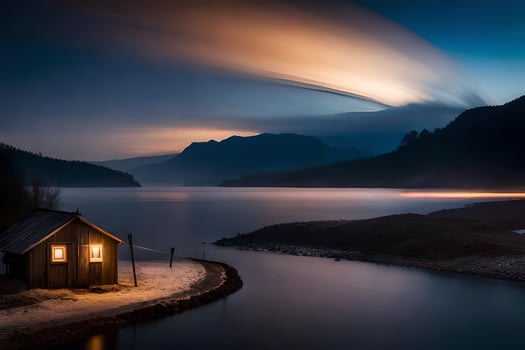 a small cabin sits on the shore of a lake at night. AI-Generated photo