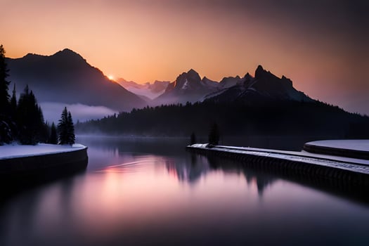 a lake in the mountains with snow on the ground. AI-Generated photo