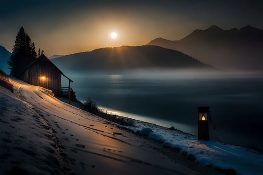 a cabin in the snow with a full moon. AI-Generated photo