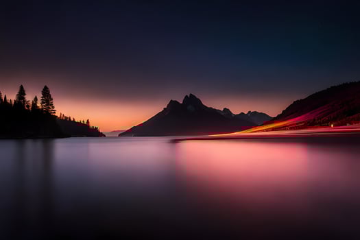 a long exposure photograph of a mountain range and lake at sunset. AI-Generated photo