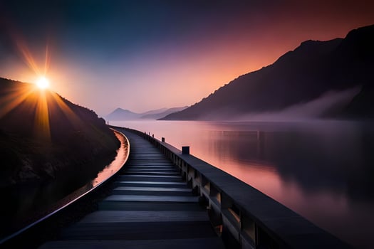 a wooden bridge leads to the sun rising over a lake. AI-Generated photo