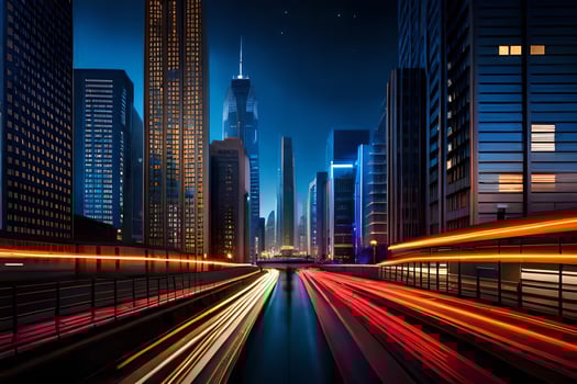 a city at night with lights on the buildings. AI-Generated photo
