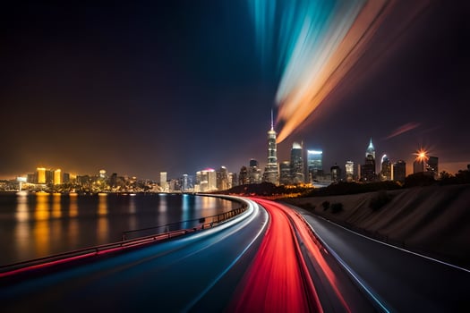 long exposure photograph of a city skyline at night. AI-Generated photo