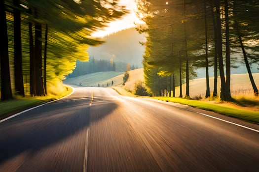 a road in the woods with trees and sun. AI-Generated photo
