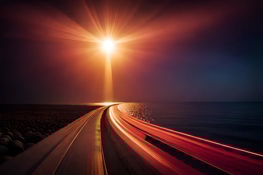 a long exposure photograph of a road and the sun. AI-Generated photo