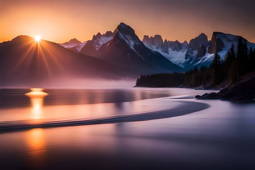 the sun rises over a mountain range and a lake. AI-Generated photo