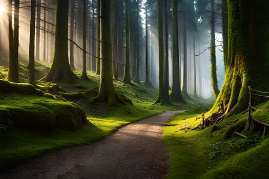 a path through a forest with trees and moss. AI-Generated photo