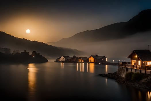 a beautiful moonlight over a lake and houses. AI-Generated photo