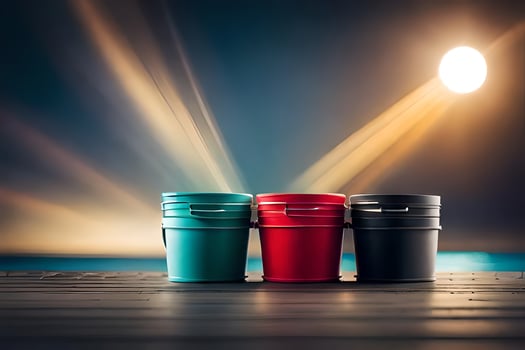 three buckets on a wooden deck with a bright sun. AI-Generated photo