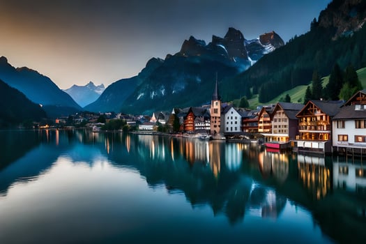 a beautiful lake and mountain town at sunset. AI-Generated photo