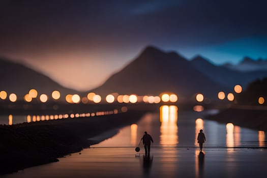 two people walk along the river at night. AI-Generated photo
