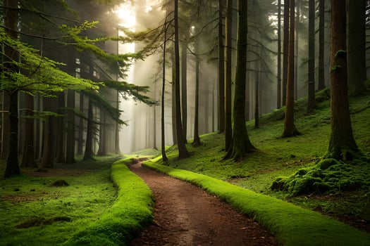 a path through a forest with trees and grass. AI-Generated photo