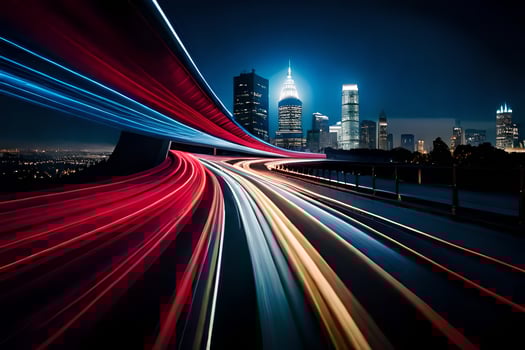 a city skyline at night with light trails. AI-Generated photo