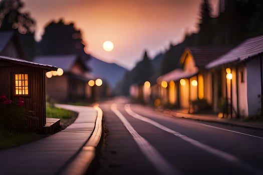a small house sits on the side of a road at sunset. AI-Generated photo