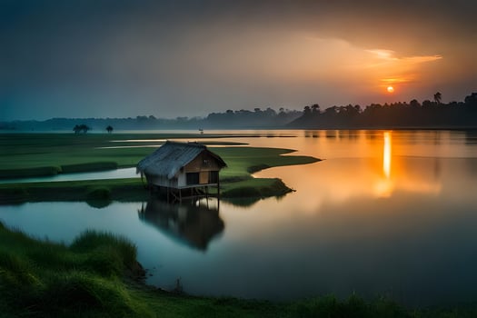 the sun rises over the water and the hut in the middle of the river. AI-Generated photo