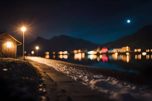 a night time photo of a lake and a house. AI-Generated