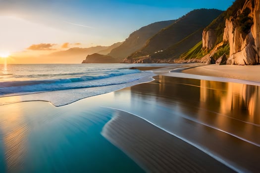 the sun sets over a beach and mountains. AI-Generated photo
