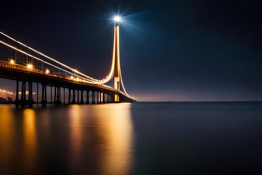 the bridge at night with a light shining on it. AI-Generated photo