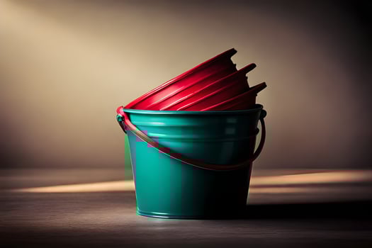 a red bucket with a green lid sitting on a table. AI-Generated photo