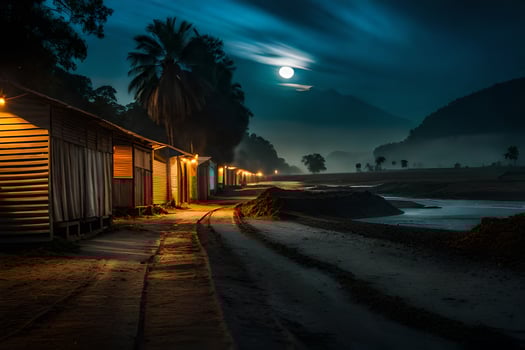 a moonlit road with houses and a river. AI-Generated photo