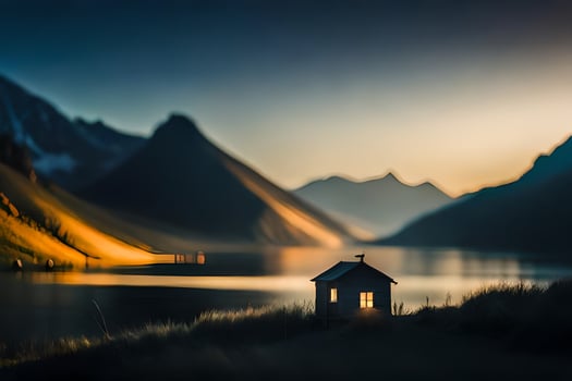 a small house sits on the edge of a lake at sunset. AI-Generated photo