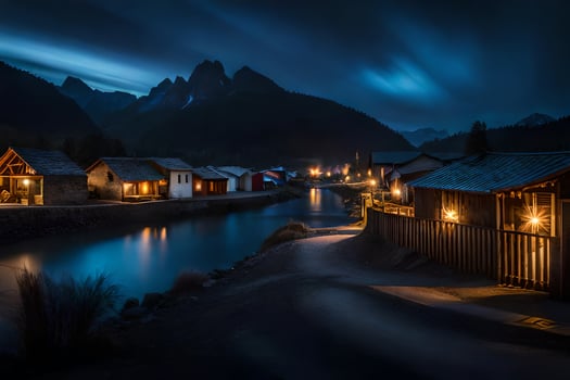 photo wallpaper the sky, mountains, night, the river, the village, the mountains, the. AI-Generated