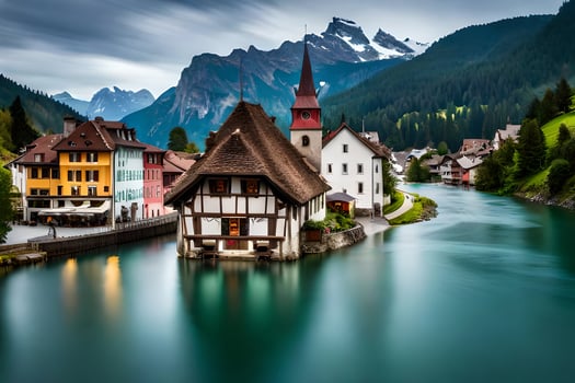 photo wallpaper the sky, mountains, houses, river, switzerland, switzerland, switzerland. AI-Generated