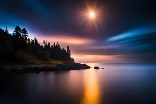 a beautiful sunset over the water with trees and a moon. AI-Generated photo