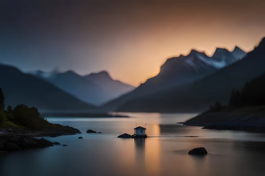 a small house sits on the shore of a lake at sunset. AI-Generated photo