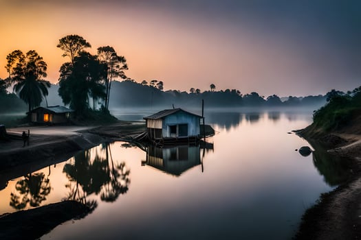 a small house sits on the shore of a river. AI-Generated photo