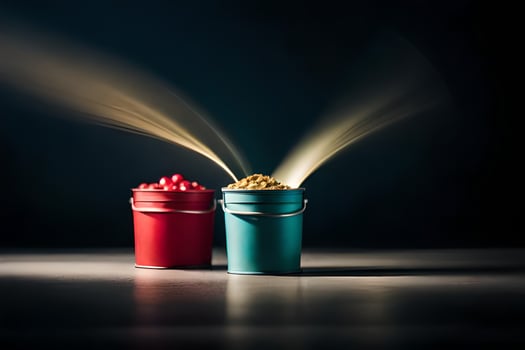 two buckets with food in them and smoke coming out of them. AI-Generated photo