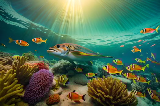 a fish swims in the ocean with coral and fish. AI-Generated photo