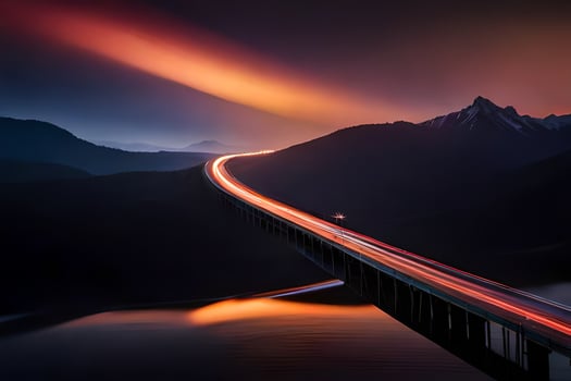 a bridge over a lake at night with light trails. AI-Generated photo