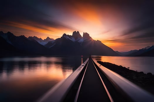 a train tracks going over the water at sunset. AI-Generated photo