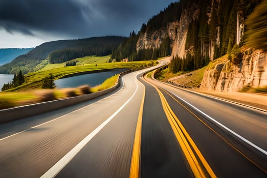 a long exposure photograph of a road with mountains in the background. AI-Generated photo