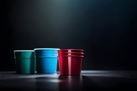three red and blue plastic cups on a dark table. AI-Generated photo