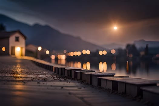 a long pier with a house in the background. AI-Generated photo