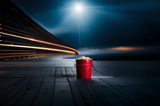 a red bucket sitting on a wooden floor with a light shining on it. AI-Generated photo