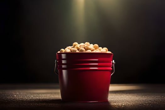 a red bucket filled with peanuts on a dark background. AI-Generated photo