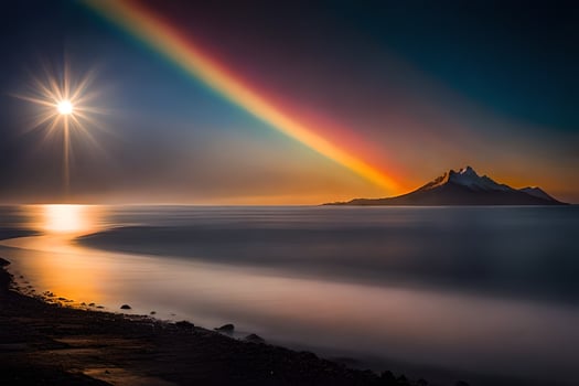 a rainbow over the ocean and a mountain. AI-Generated photo