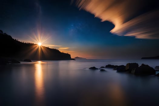 the sun shines brightly over the ocean and rocks. AI-Generated photo